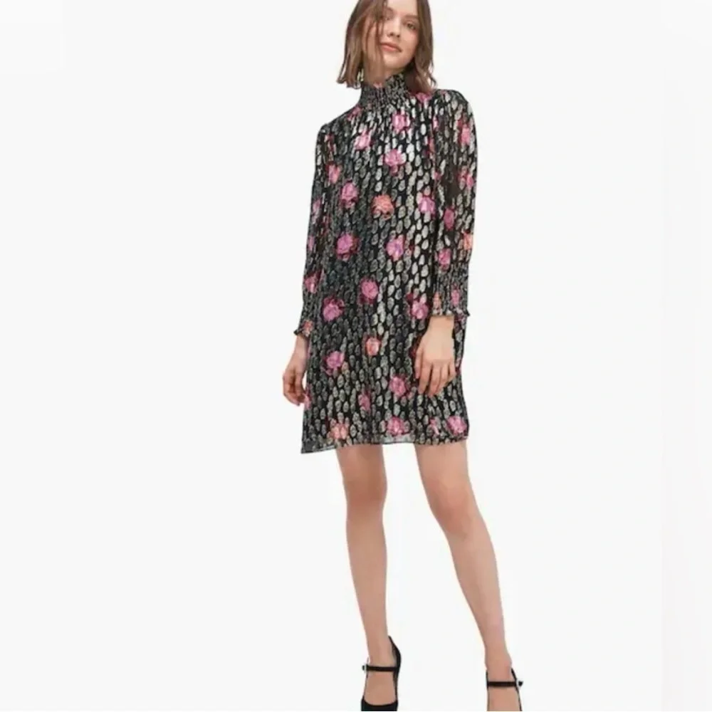 Kate Spade Rose Garden Clip metallic Floral Black long sleeve shimmer Dress